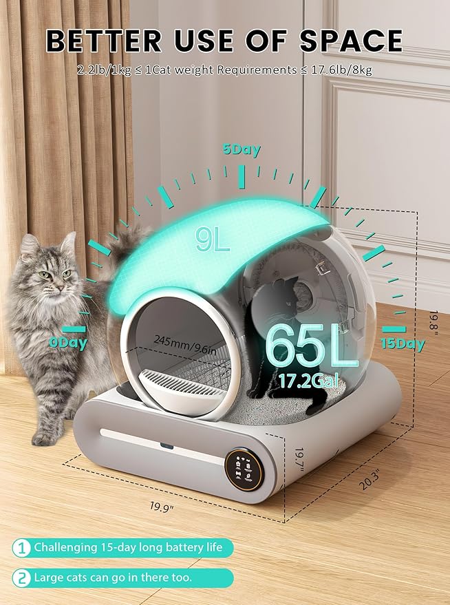 Automatic Litter Box, Upgraded Robot Self Cleaning Litter Box for Multiple Cats, 65L+9L Extra Large, Features Negative ion Sterilization and Deodorization, APP Control, 3 Rolls Litter Bag Liners