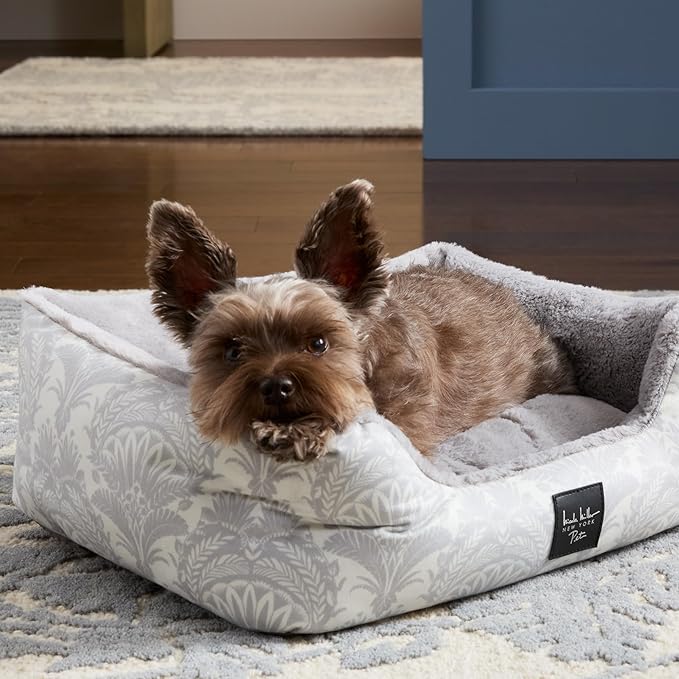 Nicole Miller New York PET Mod Damask Plushy Bolster Pet Bed, Cozy & Calming, Non-Slip Bottom, Machine Washable Cover, Grey, Small 24"x19"x7"