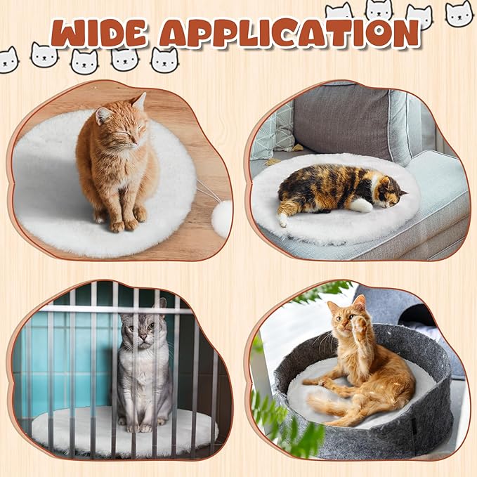 Abbylike 3 Pack 13.8 Round Cat Dog Bed Cushion Pad Mat Faux Rabbit Fur Pet Sleeping Mat with Small Ball Warm Plush Anti Slip Washable Cat Tree Tower Replacement Cushion Pad for Carrier Crate, White