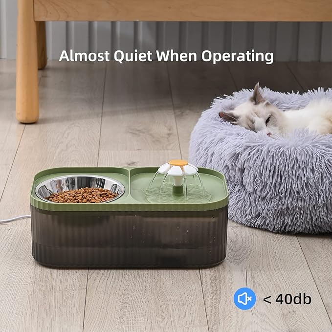 Cat Water Fountain and Food Bowl, 3L/101oz Ultra Quiet Pet Water Dispenser with Smart Pump and 3 Replacement Filters, Automatic Flower Fountain & Stainless Steel Bowl (Black & Green)