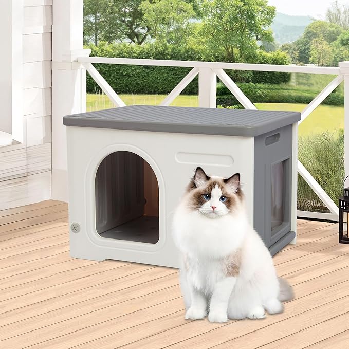 Plastic Cat House for Outdoor Indoor, Waterproof Outdoor Cat House with Escape Door for Feral Cats Outside Cat Shelter for Small Pet, Spacious, Assemble Easily -Grey
