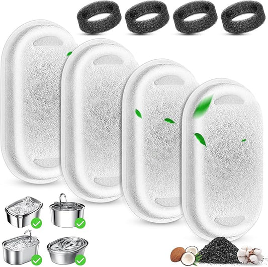 Cat Water Fountain Filter, 4 Pcs Cat Filters Replacement Pet Water Fountain Filters with 4 Pcs Sponges Foam for 67oz/2L & 108oz/3.2L Stainless Steel Automatic Cat Water Fountain Dispenser Filters