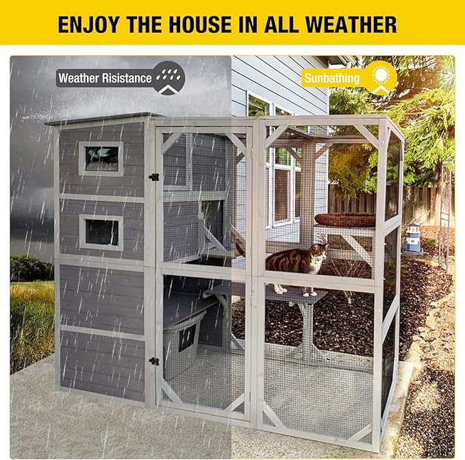 Aivituvin Large Cat Catio 4 Tiers Cat Enclosures House for Outdoor Indoor Cats with Weatherproof Roof, 3 Resting Rooms, 3 Platforms, 5 Windows 70" H 77" L