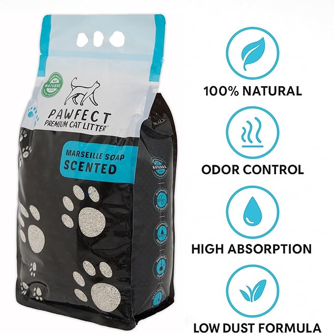 Marseille Soap Scented Cat Litter – 37.8 lb / 20L, Fast Clumping, Natural Odor Absorption, Lightweight Formula, Bonus Cleaning Tool Included, Made with Turkish White Bentonite