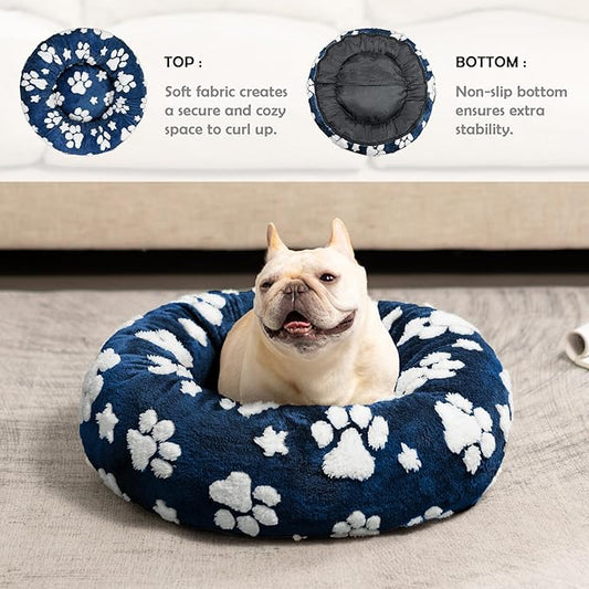 Donut Dog Beds for Small Dogs, Calming Round Cat Beds for Indoor Cats, Cute 3D Textured Paw Pet Bed with Removable Washable Cover and Anti-Slip Bottom(Navy Blue,23")