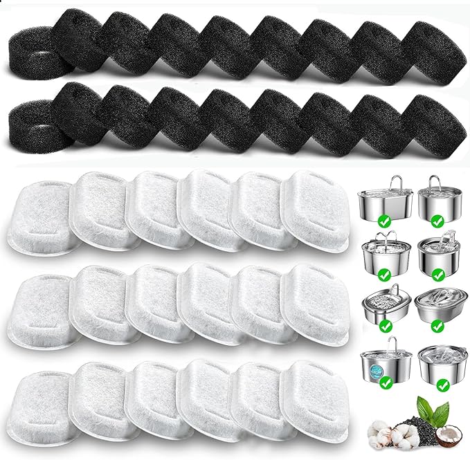 Cat Water Fountain Filters, 36 Pack Replacement Filters for 108oz/3.2L& 67oz/2L Stainless Steel Dog Water Fountain(18 Filters & 18 Sponges