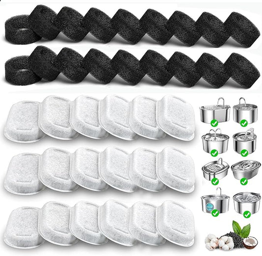 Cat Water Fountain Filters, 36 Pack Replacement Filters for 108oz/3.2L& 67oz/2L Stainless Steel Dog Water Fountain(18 Filters & 18 Sponges