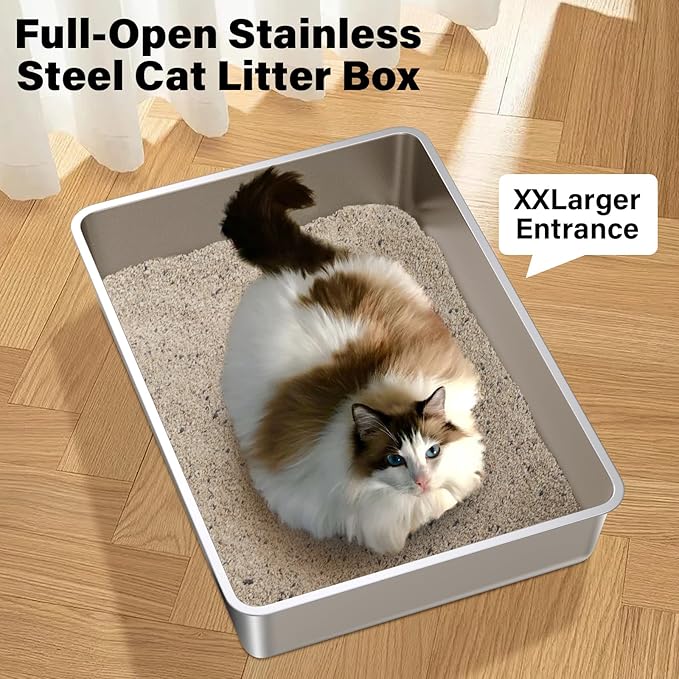 Stainless Steel Litter Box, 28" X 20" X 6" Steel Litter Box XXL No Smell, Extra Large Metal Litterbox for Big Cat, Multiple Cats, Non Stick, Easy Cleaning