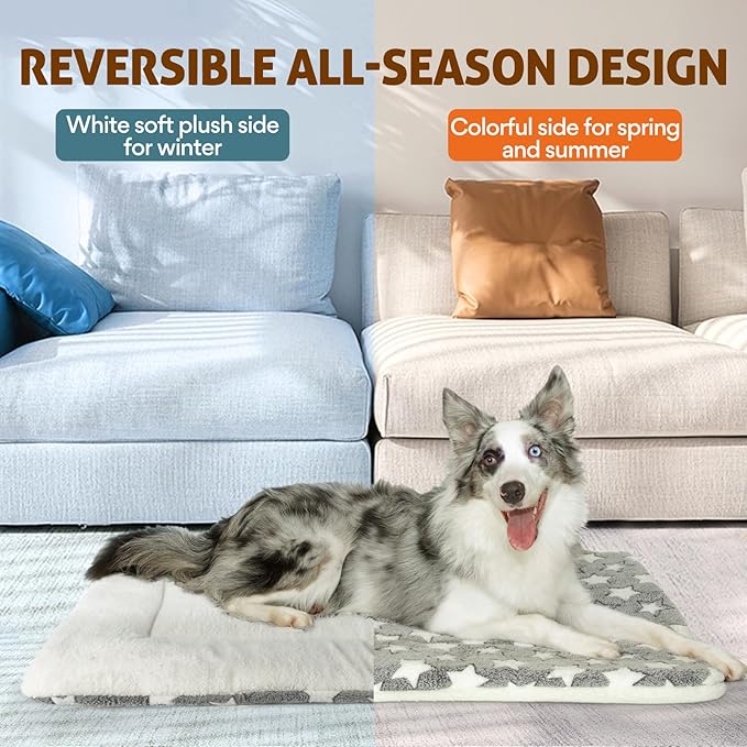 Mora Pets Dog Crate Pad - Ultra Soft Pet Bed With Cute Star Print, Washable Mat for Large Medium Small Dogs, Reversible Fleece Kennel Liner, Cat Bed 23 x 18 Inch Grey