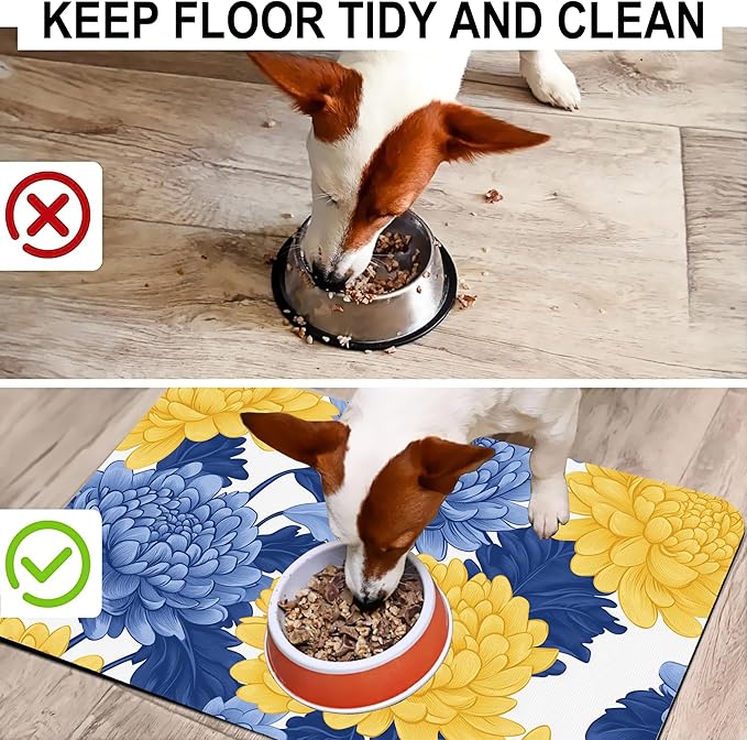 Blue Yellow Flowers Pet Cat Dog Food Mat-Absorbent Quick Dry Feeding Placemat for Water and Food, No Stains Rubber Base Mat for Indoor Use, Pet Accessories 16"x24"