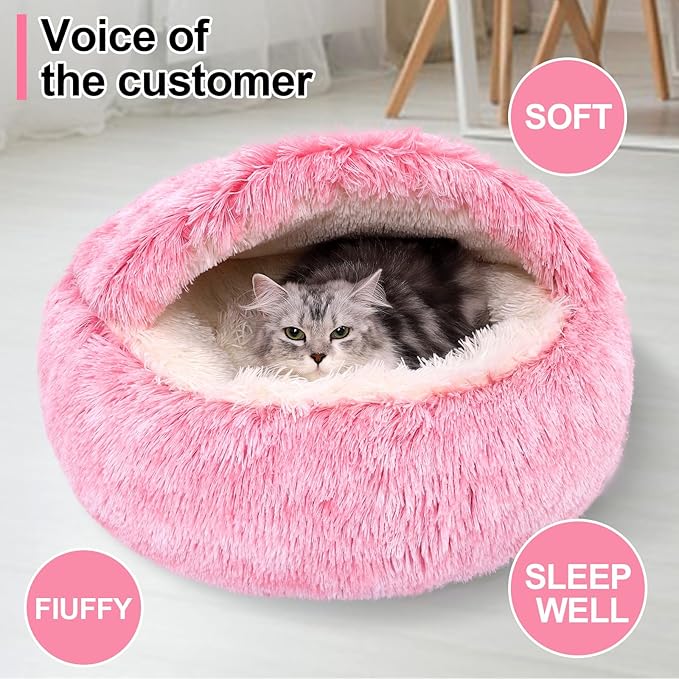 Calming Dog Beds & Cat Cave Bed with Hooded Cover,Removable Washable Round Beds for Small Medium Pets,Anti-Slip Faux Fur Fluffy Coved Bed for Improved Sleep,Fits up to 15/25 lbs(Pink,S)