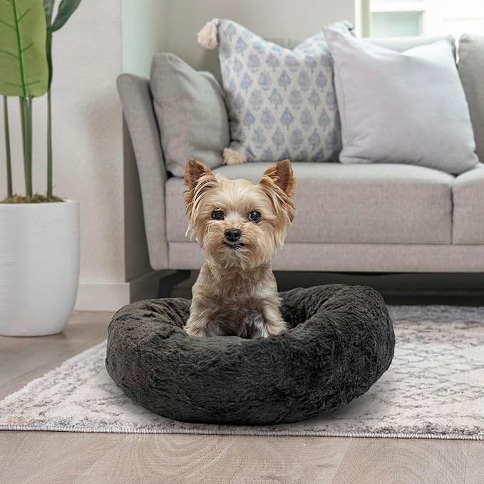 Best Friends by Sheri Original Calming Donut Dog and Cat Bed, Lux Faux Fur, Mink Dark Gray, XS (18in x 18in) - Anxiety Relief for Pets Up to 10 lbs