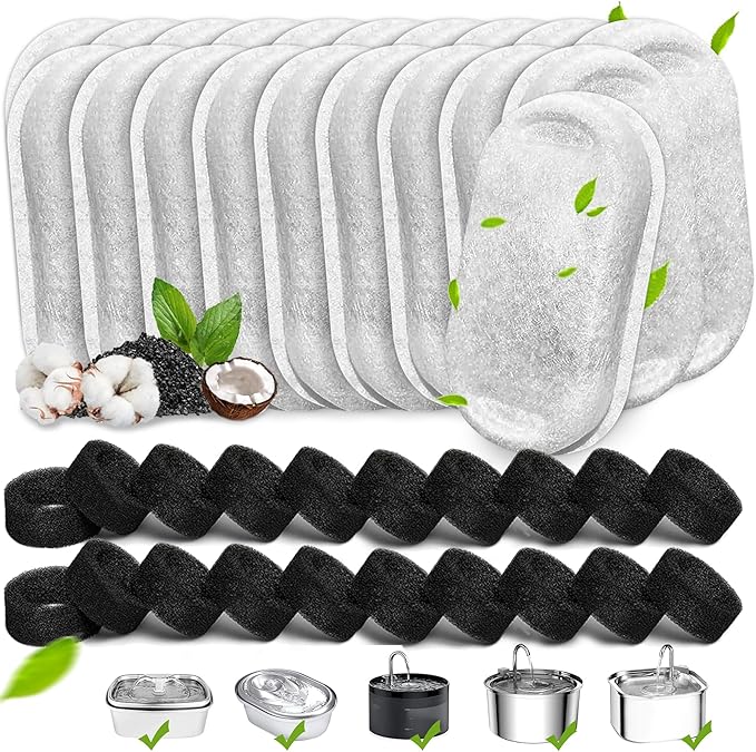 Cat Water Fountain Filters, 40 Pack Cat Replacement Filters for Stainless Steel 108oz/3.2L& 67oz/2L adjustable Flow Pet Water, Dog Fountain Filter(20 + 20 Pack)