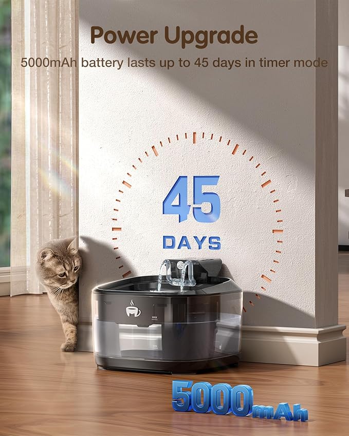 Wireless Cat Water Fountain, 108oz/3.2L Cat Water Fountain Battery Operated with 3 Modes, 5000mAh Battery, Ultra Quiet Motion Sensor Pet for Cats, Bright Black