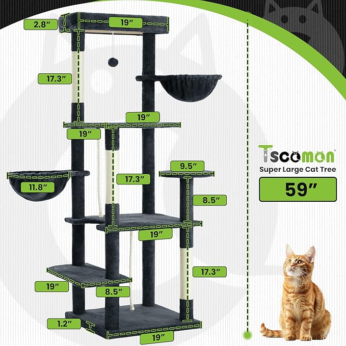 59 Inch Cat Tree Tower, Multi-Level Large Cat Tree for Indoor with Super Large Bed, Hammocks, Scratching Posts, Dangling Ball, Cat Furniture, Activity Center