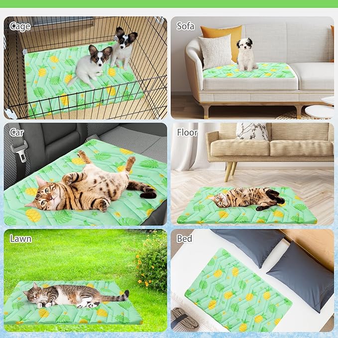 KOOLTAIL Cat Cooling Mat, Upgraded Two Sided Cooling Pad for Dogs Cats Puppy, Soft Pet Sleeping Blanket Keep Cool in Summer with Cute Fruit Pattern, Washable Waterproof for Crate Sofa Bed, Green S