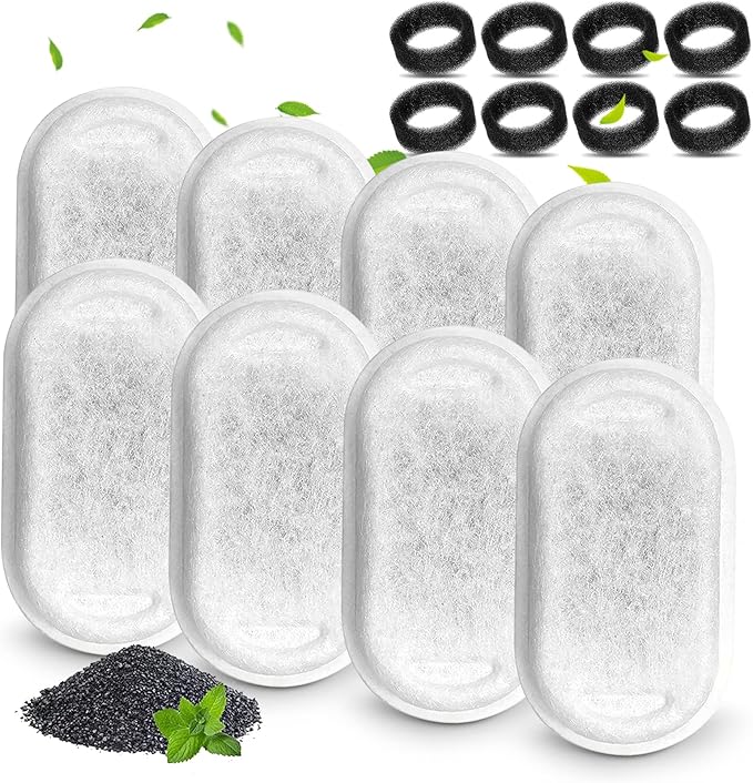 Cat Water Fountain Filters, Compatible with Stainless Steel Pet Fountain 8 Filters with 8 Sponges Replacement Filters for Cat Fountain (8 Filters& 8 Sponges)