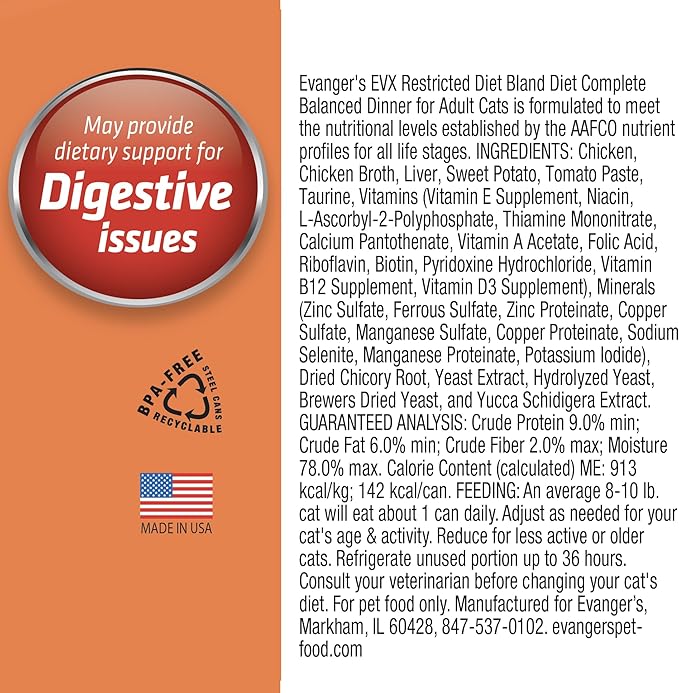 Evanger's EVX Restricted Diet Bland Diet Canned Cat Food – 24 Count, 5.5 oz Each – Chicken & Sweet Potato Recipe with Prebiotics & Postbiotics for Digestive, Microbiome & Gut Health Support