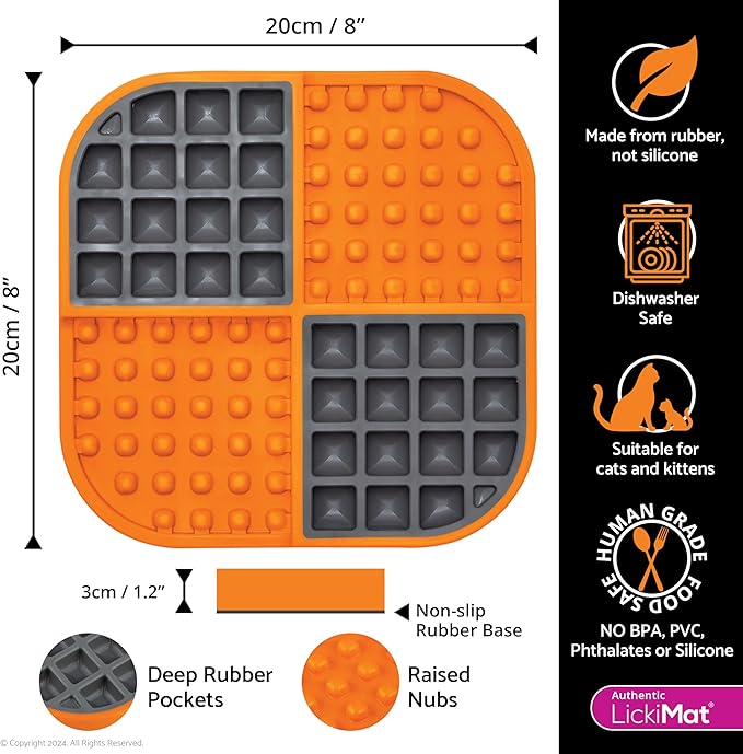 LickiMat Slomo, Cat Slow Feeder Lick Mat, Boredom Anxiety Reducer; Perfect for Food, Treats, Yogurt, or Peanut Butter. Fun Alternative to a Slow Feed Cat Bowl or Dish, Orange