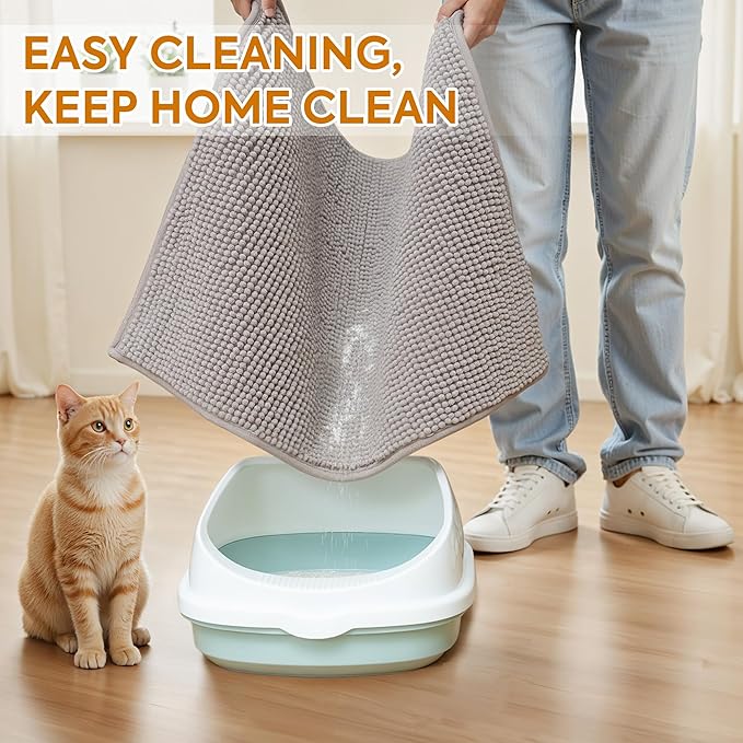 Pieviev Chenille Cat Litter Mat for Litter Box, 28"x22" Soft Ultra Absorbent Mat, Waterproof & Non-Slip, Easy to Clean Litter Trapping Mat for Indoor Cats, Grey