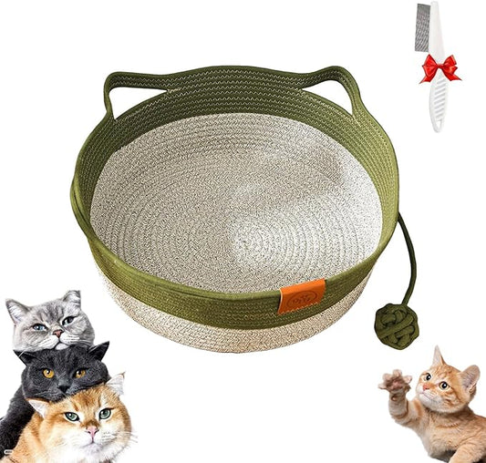 Stimulicat Cat Bed, Stimulicat Handwoven Cat Basket, Foldable Round Cotton Rope Cats Beds with Toy Tail and Built-in Scratching Pad, Scratch Resistance Easy to Clean (Green, Medium)