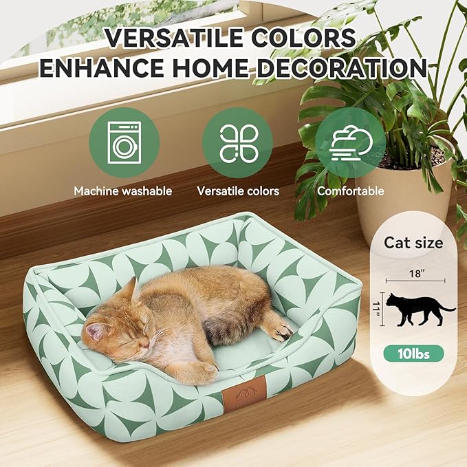 Rectangle Cat Dog Bed for Large Medium Small Pets Indoor Outdoor Machine Washable Sleeping Sofa Non-Slip Bottom Soft Puppy Bed Durable Orthopedic Calming Pet Cuddler (Small, Green Pattern)