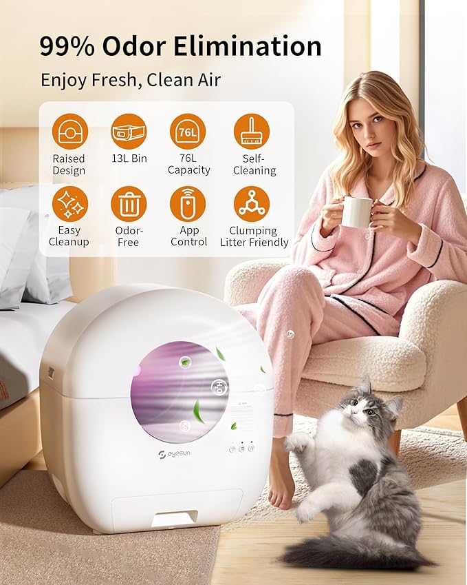 Self Cleaning Litter Box,76L Automatic Cat Litter Box Self Cleaning with APP Control,Low Noise,Safety Protection,Roll Garbage Bags,Deodorizer and Cleaning Brush for Multiple Cats