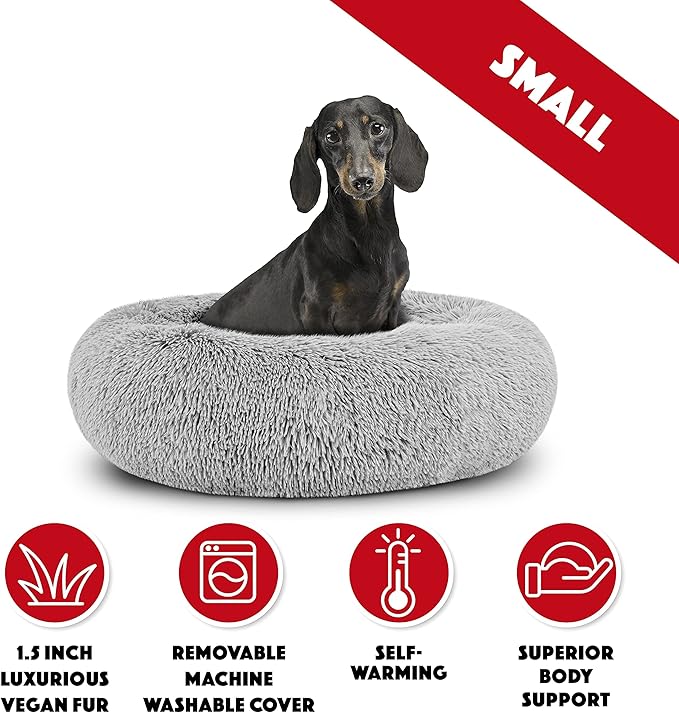 The Dog’s Bed Sound Sleep Donut Dog Bed, Small Silver Grey Fur Calming Nest Bed, Veterinary Approved