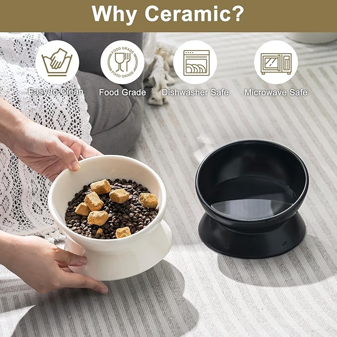 YauYik Cat Bowl Elevated Tilted - Ceramic Raised Cat Food Bowl for Cats and Small Dogs - 6 Inches Stress Free Whisker Friendly Pet Dish, Anti Vomit & Reduce Neck Burden Feeding, White, 10 Oz