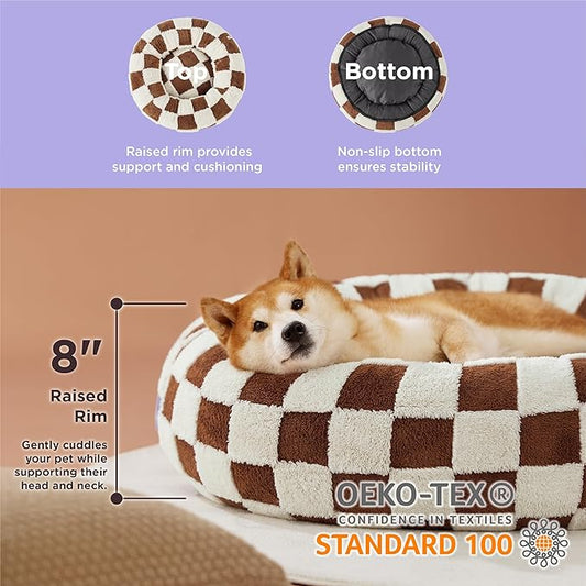 LE SURE Donut Large Dog Bed - Round Cat Beds for Indoor Anti-Anxiety Calming Pet Beds, Washable Cute Modern Beds with Teddy Sherpa Plush & Anti Slip Bottom, 36 Inch, Brown