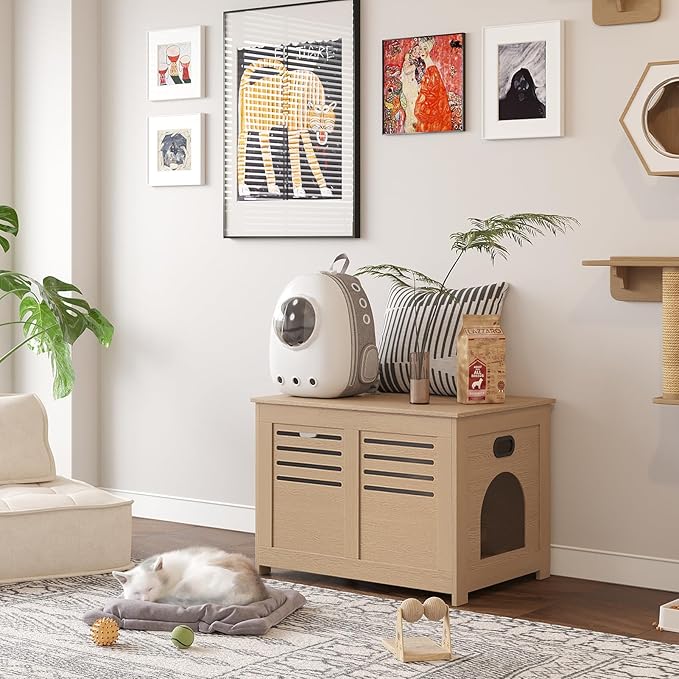DINZI LVJ Litter Box Enclosure, Flip Top Litter Box Furniture, Hidden Cat Washroom, Wooden Cat House, End Table, 31.5" L x 19.7" W x 19.7" H, Good Ventilation, Easy to Assemble, Natural