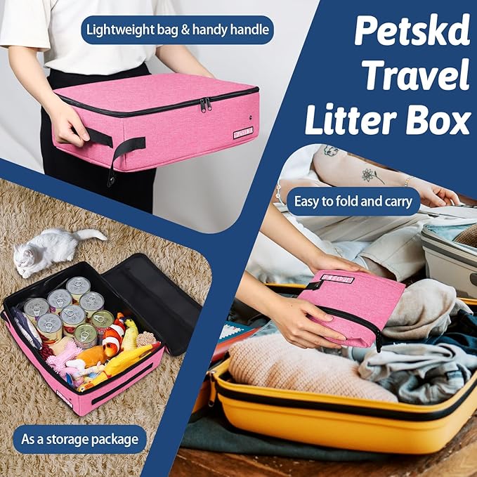 Petskd Portable Cat Travel Litter Box with Lid and 10 pcs Disposable Liner Bags, Leak-Proof and Collapsible, Cat Travel Essentials for Car, Hotel, Airplane and Other Outdoor Use(Pink)