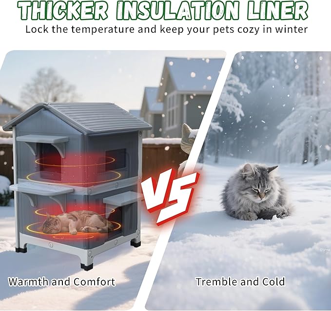 Plastic Outdoor Indoor Cat House with Insulated Liner, 100% Insulated Outdoor Cat Houses for Winter, Waterproof Feral Cat Shelter, Assemble Easily-White