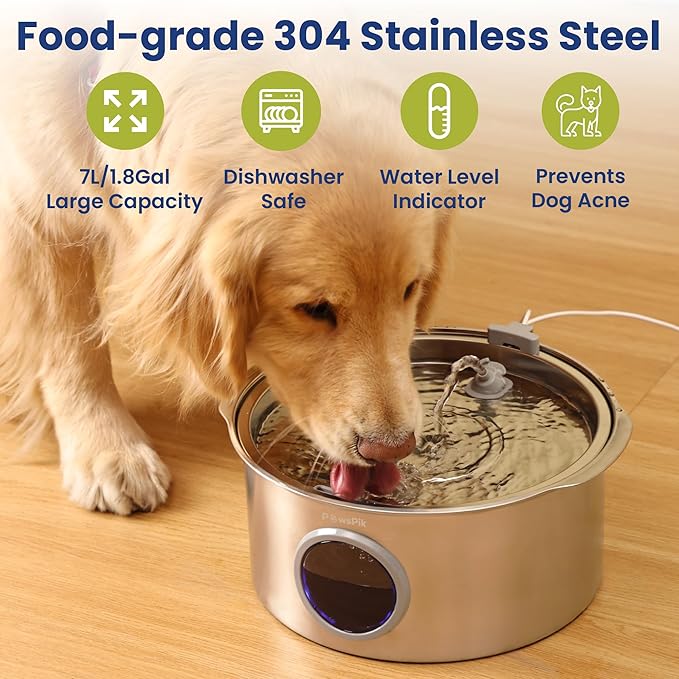 Ultra-Quiet Stainless Steel Dog Water Fountain, 1.8-gal