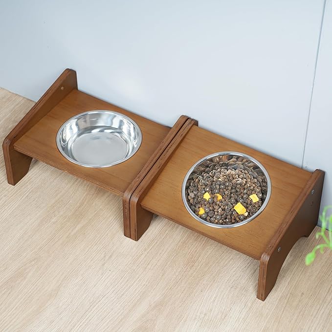 Elevated Stainless Steel Raised Food and Water Bowls, 15 Tilted Anti Vomiting, Dishwasher Safe, Non-Slip, Suitable for Cats and Puppies (Brown) - 2 Pack