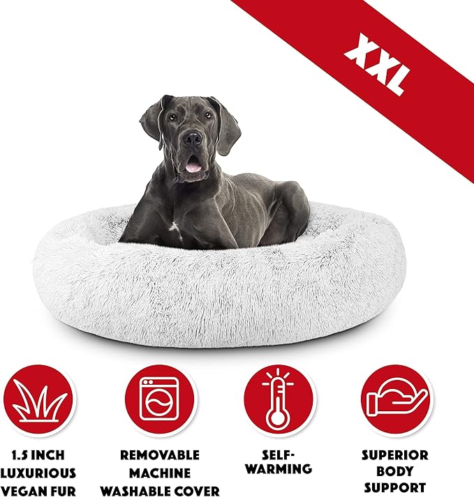 The Dog’s Bed Sound Sleep Donut Dog Bed, XXL Ice White Fur Calming Nest Bed Removable Cover, Veterinary Approved