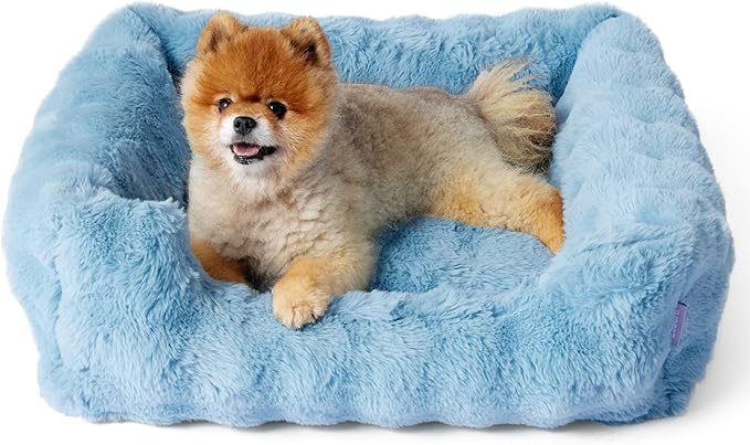 Lesure Fluffy Dog Beds for Small Dogs - Orthopedic Rectangle Calming Pet Sofa, Plush Bubble Bolster Puppy Bed with Removable Washable Cover and Nonskid Bottom,25x21x7inches,Blue