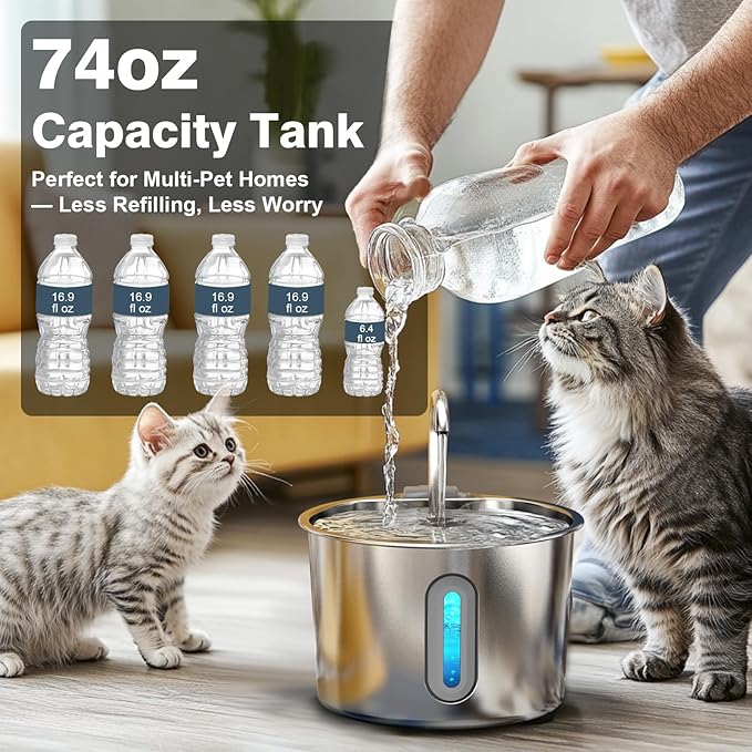 Cat Water Fountain, 74oz/2.2L Cat Fountain for Drinking - Pet Water Fountain Stainless Steel for Cats Inside - Quiet Water Bowl Dispenser - Kitty Drinking Fountains - for Pets& Small Animals
