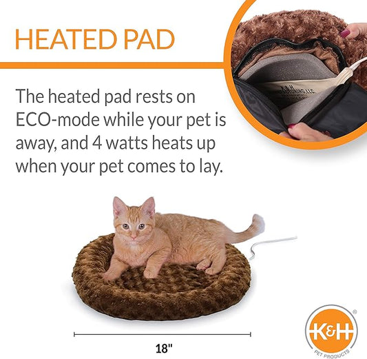 K&H Pet Products Bolster Heated Cat Bed for Indoor Cats, Thermo-Kitty Fashion Splash Orthopedic Foam Heated Pet Bed for Cats or Dogs, Waterproof Pet Heater, Safety Listed Small 18in Round Mocha