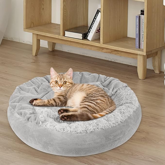 JOEJOY Small Dog Bed Cat Bed with Hooded Blanket, Cozy Cuddler Luxury Puppy Pet Bed, Donut Round Calming Anti-Anxiety Dog Burrow Cave Bed - Anti-Slip Bottom and Machine Washable 23 inch