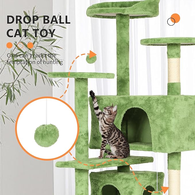 BestPet 70in Cat Tree Tower for Indoor Cats,Multi-Level Cat Furniture Activity Center with Cat Scratching Posts Stand House Cat Condo with Funny Toys for Kittens Pet Play House,Green