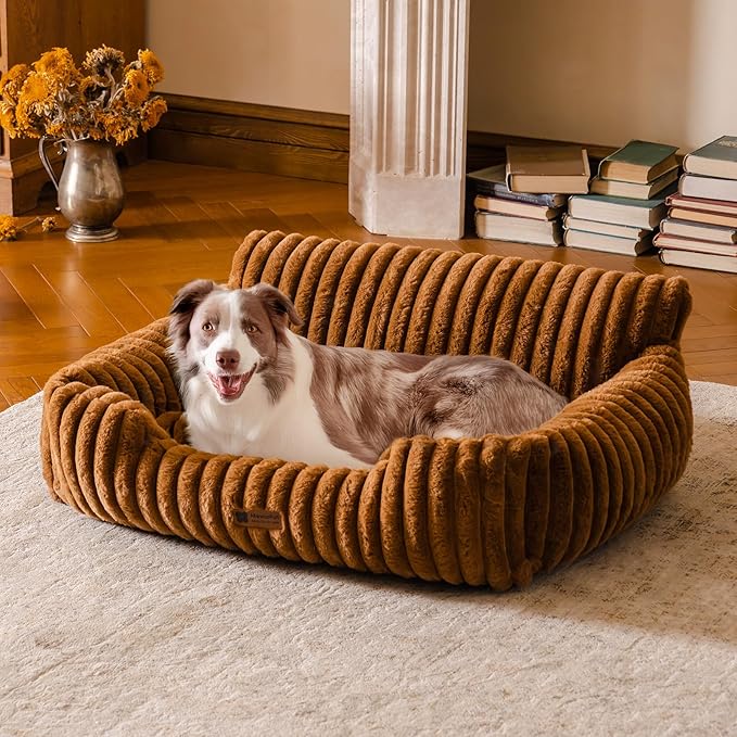 MEWOOFUN Dog Sofa Bed, Fluffy Dog Couch with Removable Washable Cover, Supportive Puppy Bed for Medium Sized up to 45 lbs (Brown, 36x28x12)