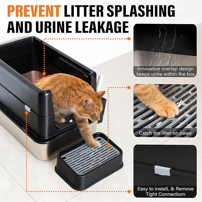 Stainless Steel Litter Box, XL Top Entry Cat Litter Box with Flip Lid, High Side Large Top Front Dual Exit Enclosed Cat Litter Pan Tray with Litter Scoop and Foot Pedal, Easy Cleaning, Anti-Leakage