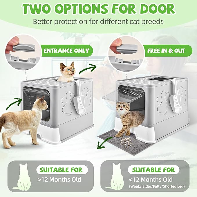 Cat Litter Box with Litter Mat, Foldable Extra Large Free in and Out/One-Way with Lid, Drawer Type Enclosed Kitty Litter Box,Odor Control Anti-Splashing Easy Cleaning (Light Grey)