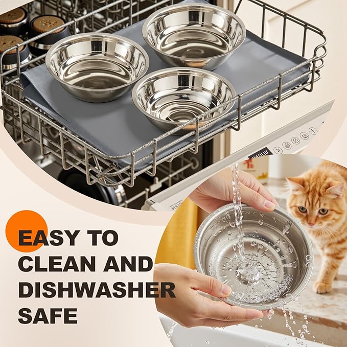 Elevated Cat Food Bowls with Mat Whisker Friendly, 15°Tilted Raised 3 Stainless Steel Cat Water Dishes Set for Anti Vomit, Pet Holder Stand Feeding Station for Indoor Kitten and Puppy