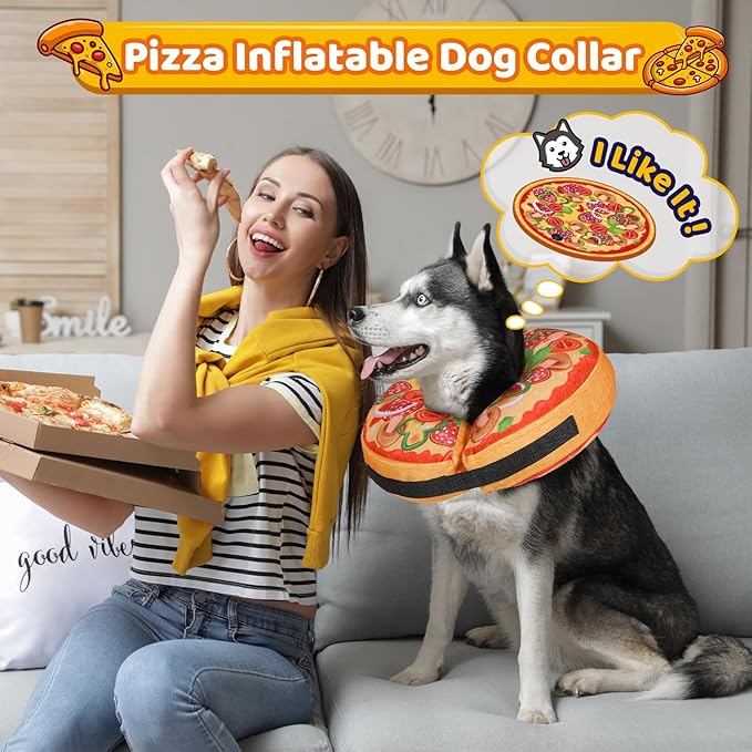 Grand Line Pizza Inflatable Collar for Dog and Cat, Soft Protective Recovery Cone After Surgery, Blow up Pet Donut Collar Cone, E-Collar Alternative Does not Block Vision (Cartoon,X-Large)