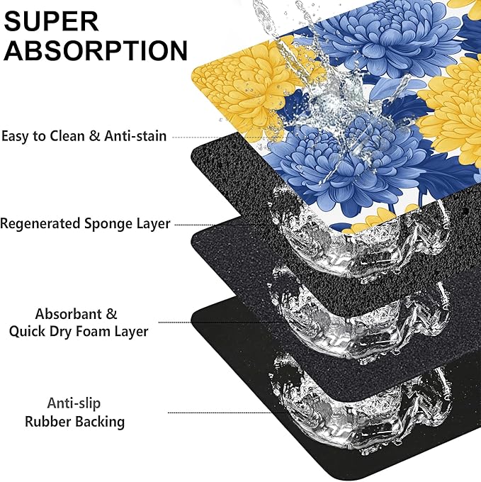 Blue Yellow Flowers Pet Cat Dog Food Mat-Absorbent Quick Dry Feeding Placemat for Water and Food, No Stains Rubber Base Mat for Indoor Use, Pet Accessories 16"x24"