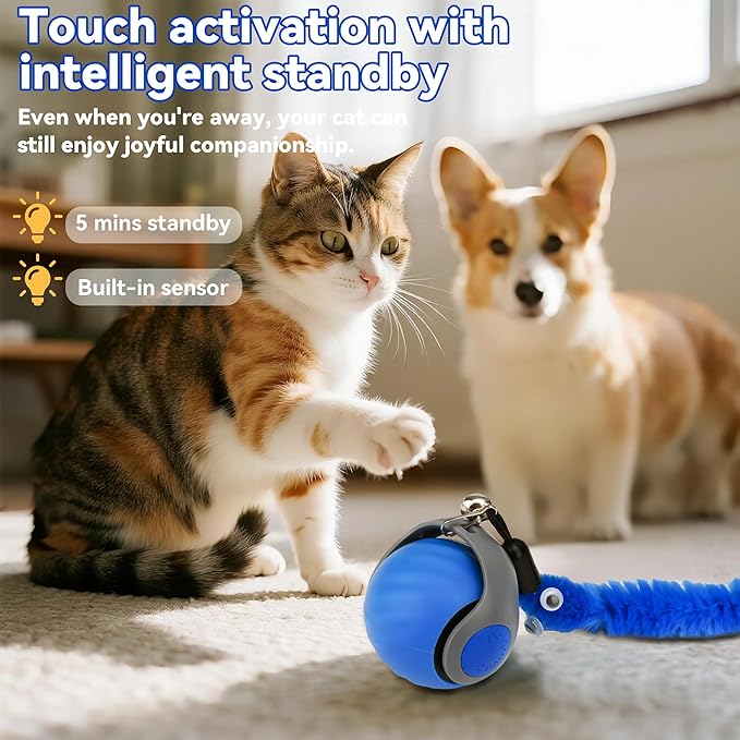 Vrurc Interactive Cat Toy Ball-Speedy with Feather & 3 Tails,Motion Activated Auto Roll,2 Speeds Rechargeable,Indoor Cat Stimulation, Enrichment,Keeps Busy,Durable (Blue)