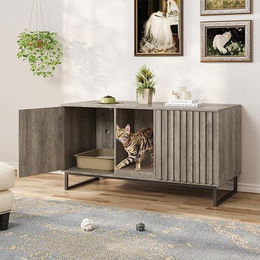 Cat Litter Box Enclosure for 2 Cats, 47.6’’ Litter Box Furniture Hidden with Scratch Pad, Double Room Large Cat Cabinet, Indoor Pet House TV Stand Side Table,Washroom,Grey