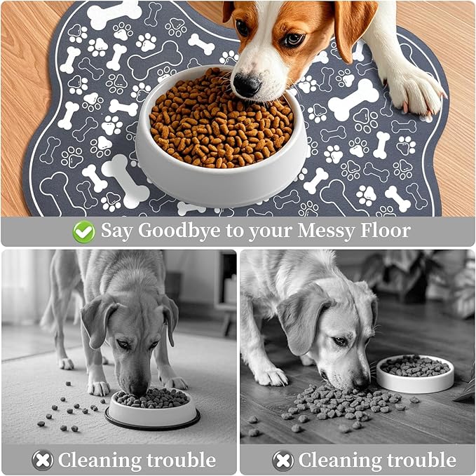 Dog & Cat Food Mat Bone Shaped Pet Feeding Mat Quick Absorb Water Bowl Placemat with Rubber Backing Indoor Floor Stain Resistant Pet Accessory Supplies (Dark Gray, 16x24 Inches)